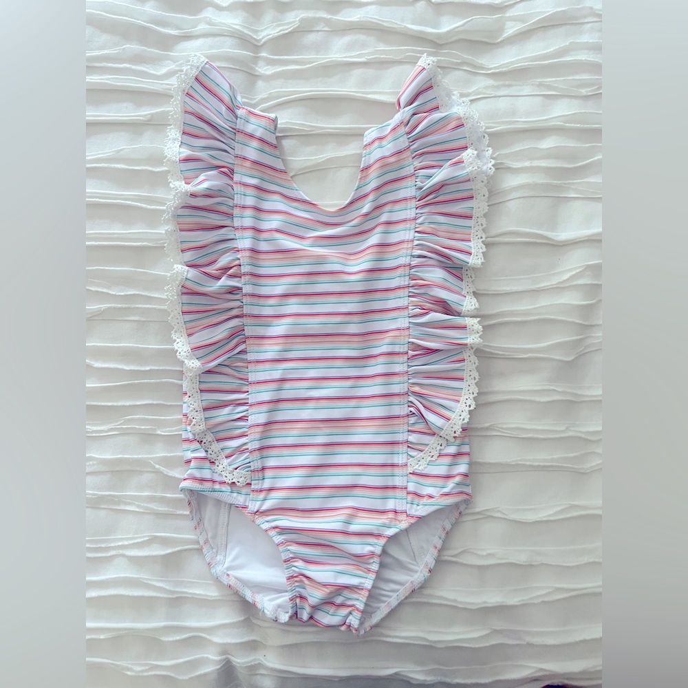 NWT Charming Mary girls’ one piece swimsuit in rainbow stripe.